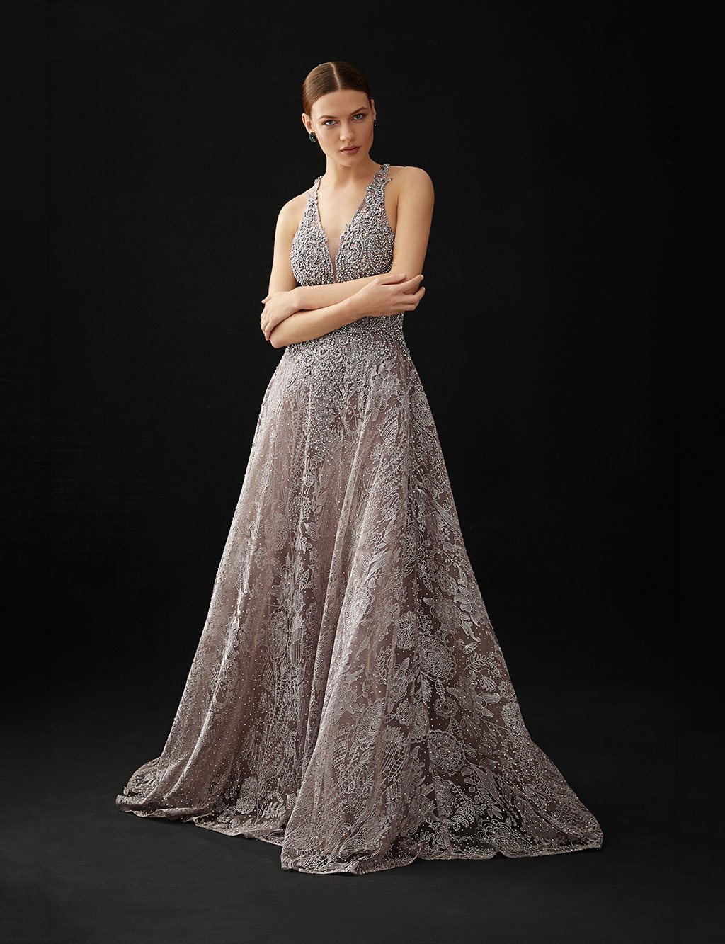 TIARA Stone Jacquard Evening Dress Lavender