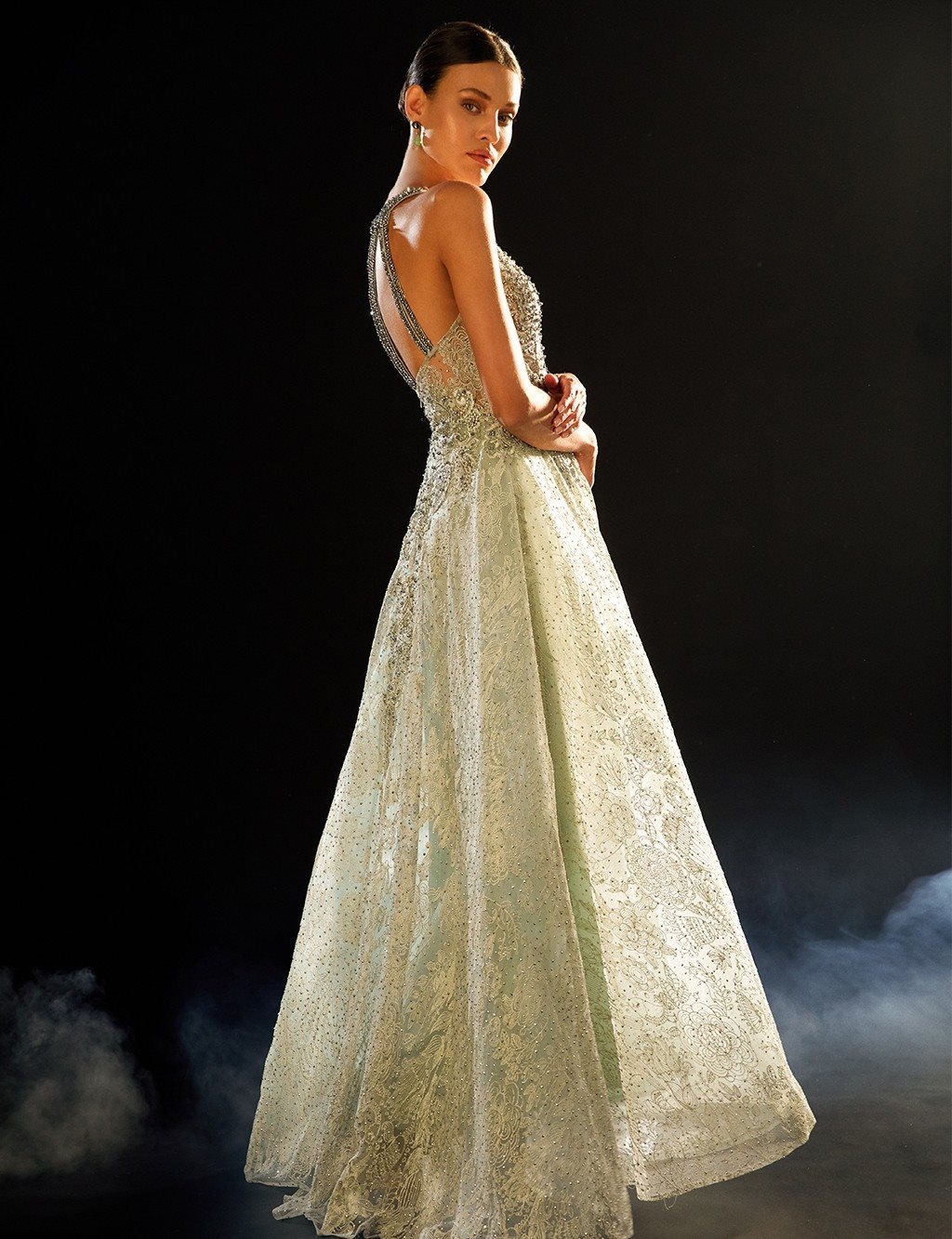 TIARA Stone Jacquard Evening Dress Sage