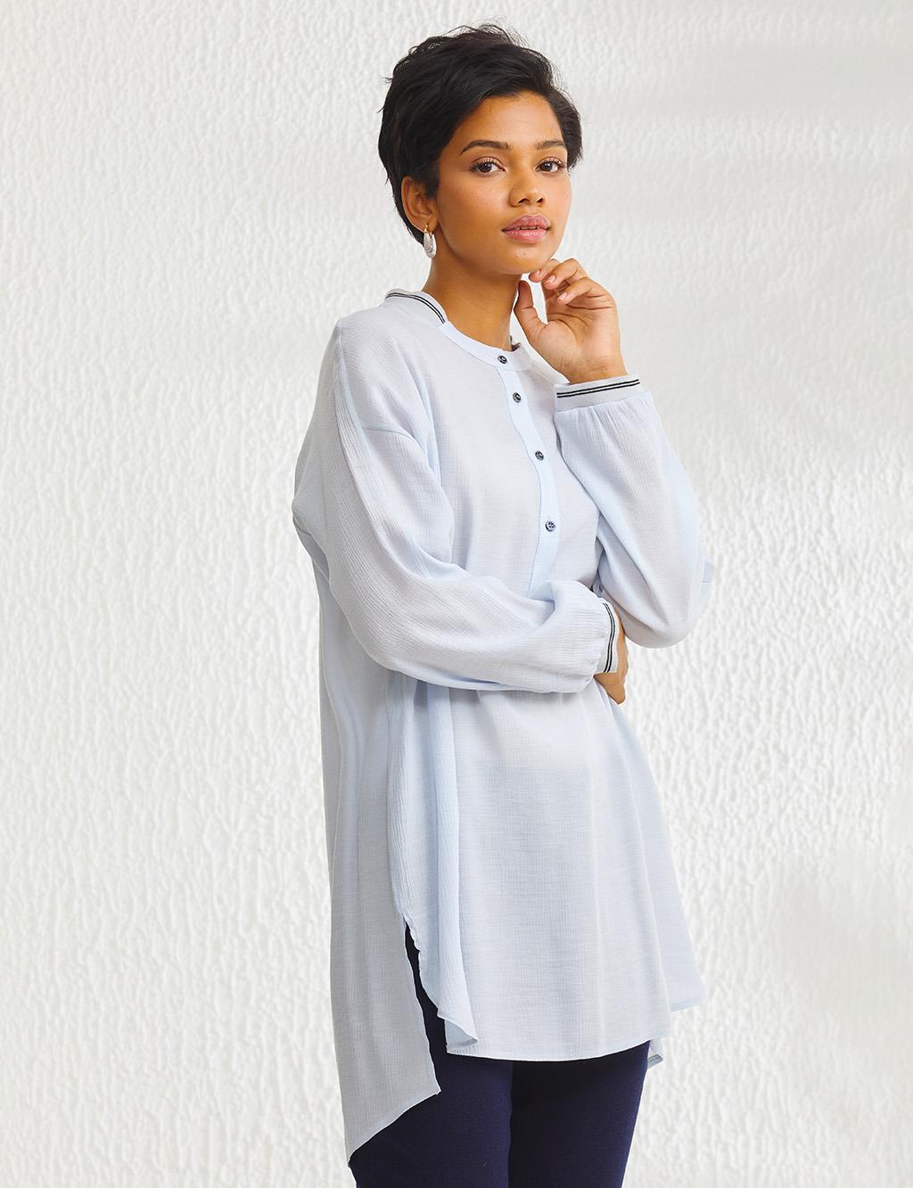 Embroidered Crew Neck Blouse Light Blue