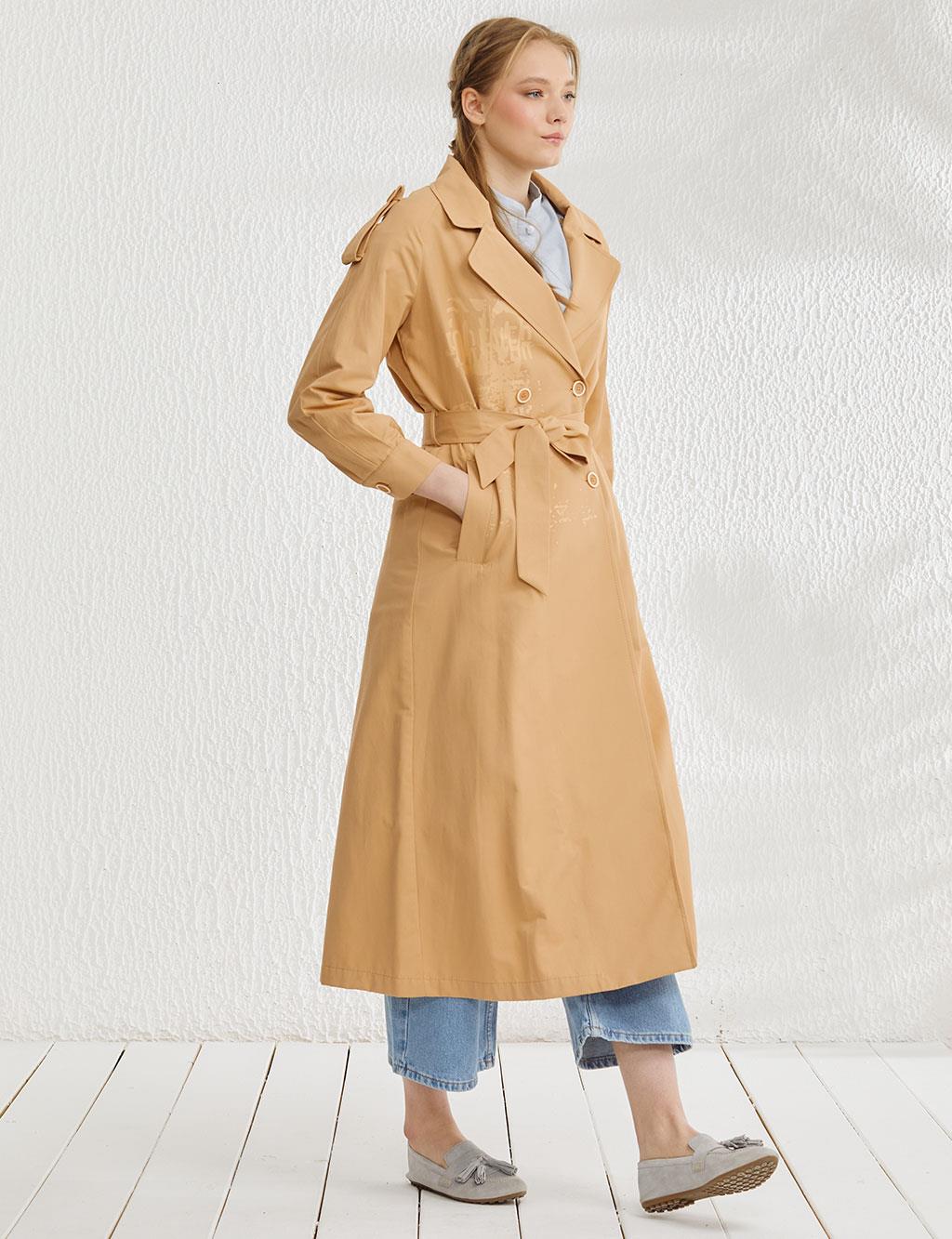 Printed Belted Trench Coat Beige
