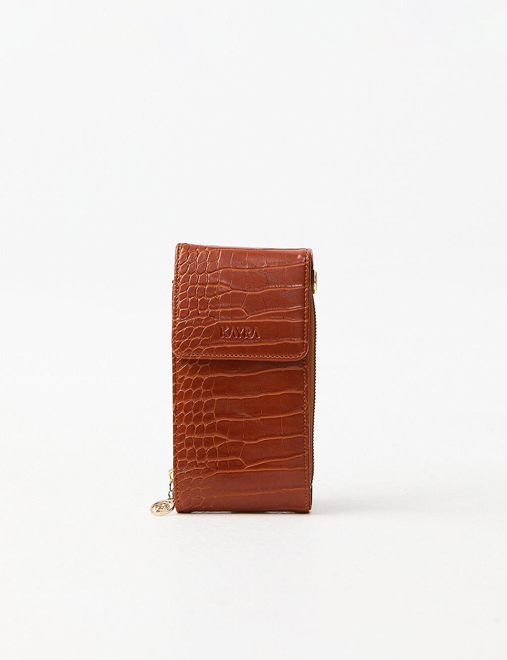Croco Patterned Multifunctional Bag Wallet Tobacco