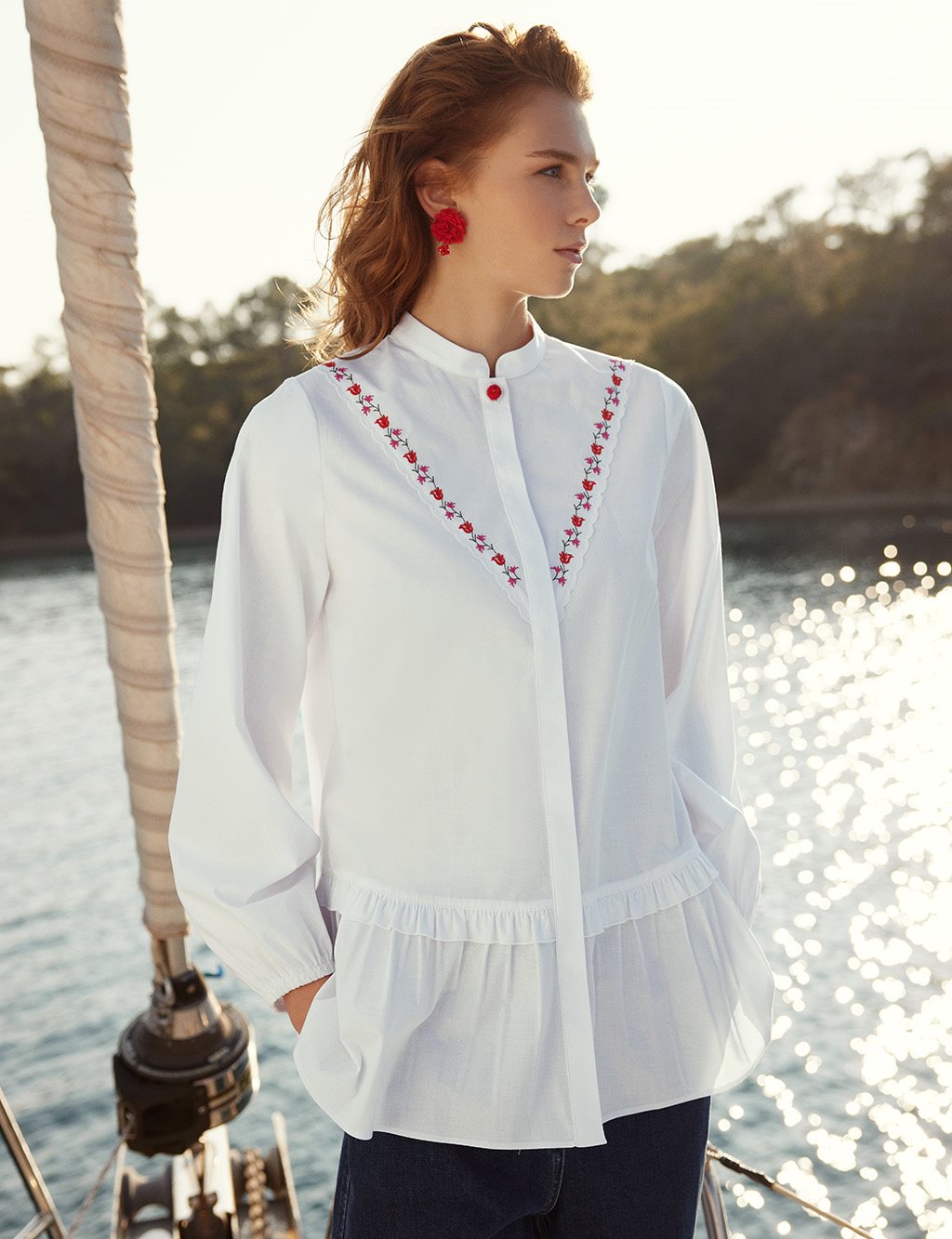 Frilly Embroidered Balloon Sleeve Blouse White