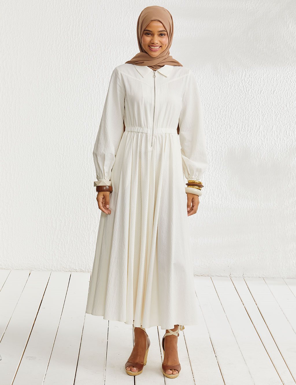 Textured Full Length Dress Cream