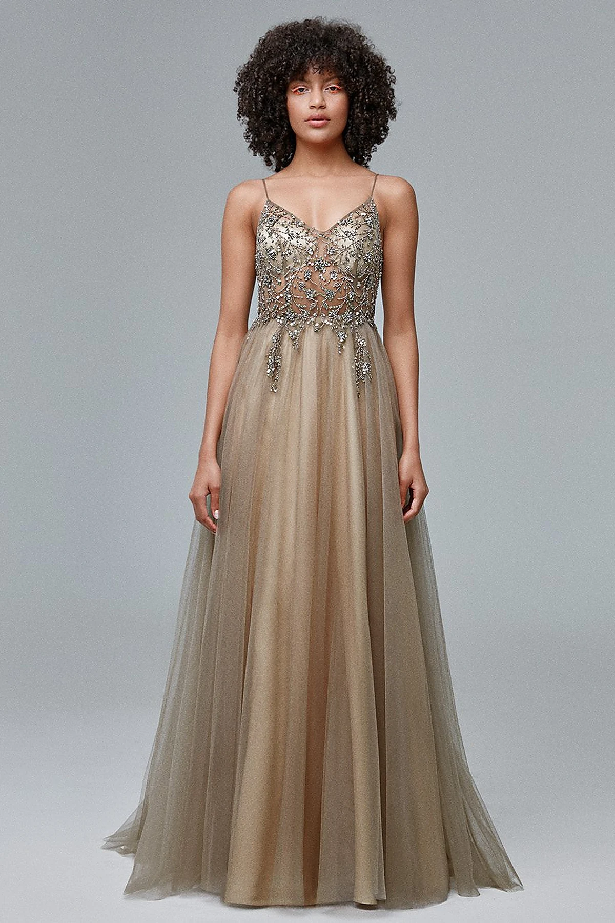 TIARA Deep Slit Thin Strap Evening Dress Smoke Green