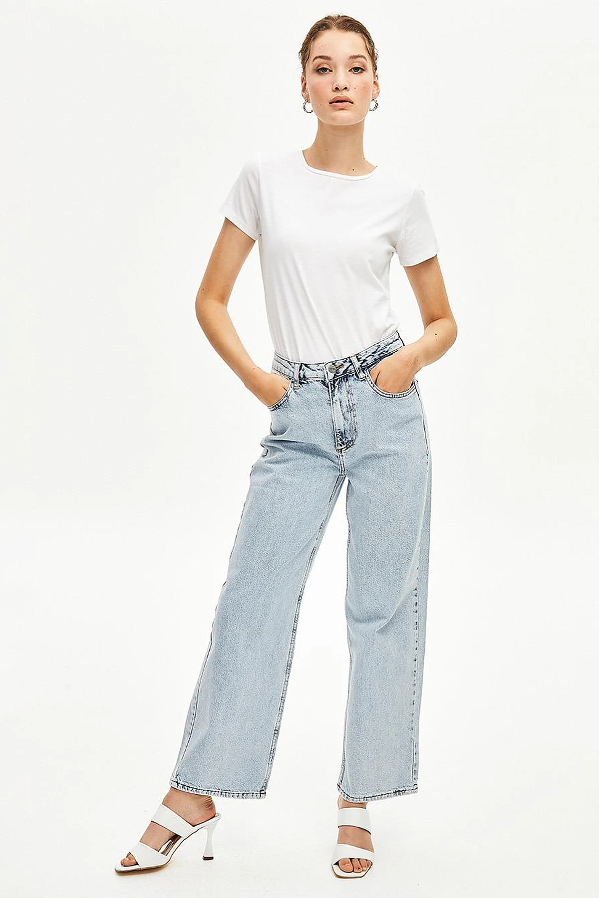 Bol Paça Eskitme Denim Pantolon Açık Mavi