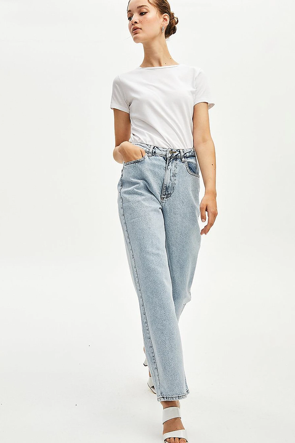 Bol Paça Eskitme Denim Pantolon Açık Mavi