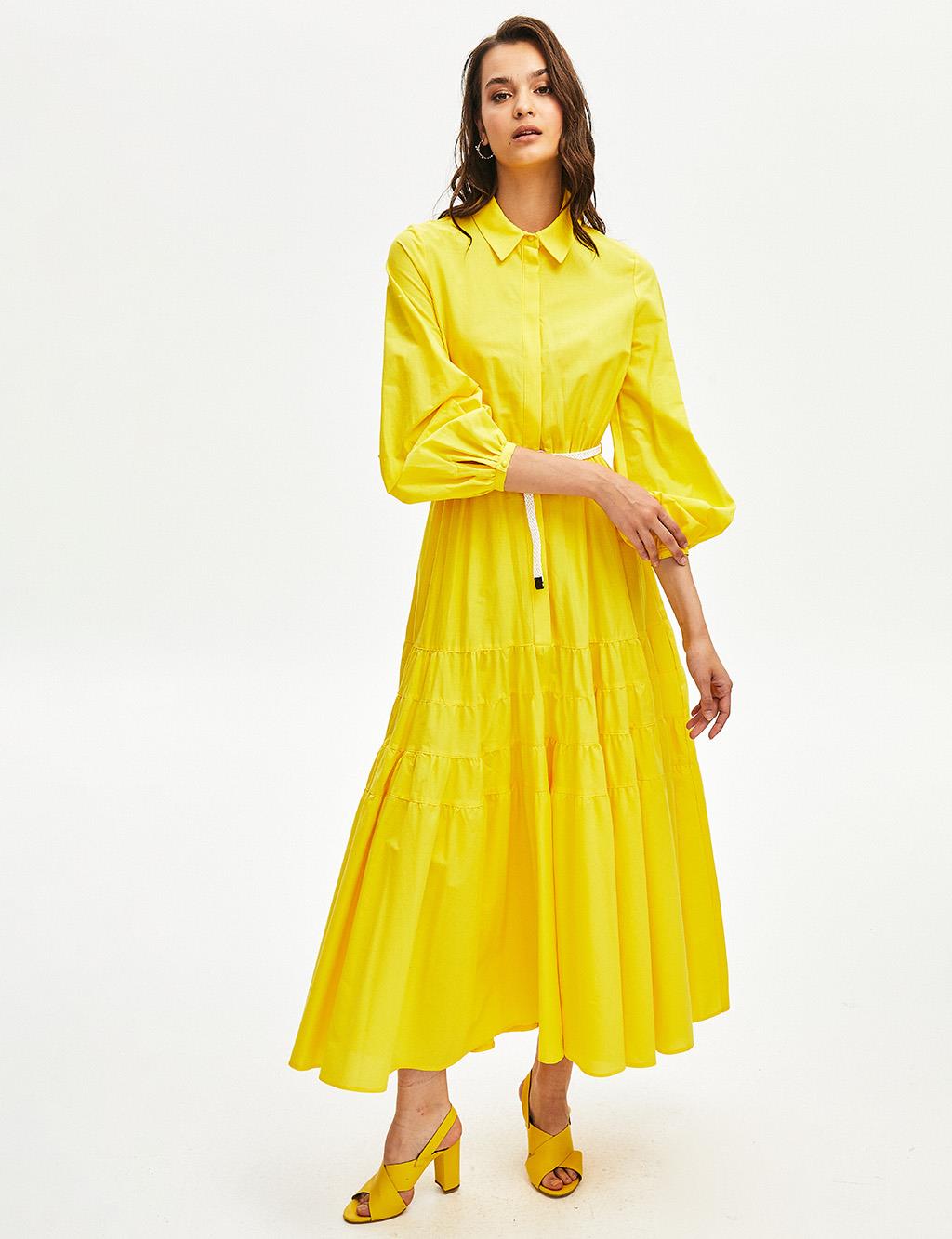 Kemerli Balon Kol Elbise Sarı