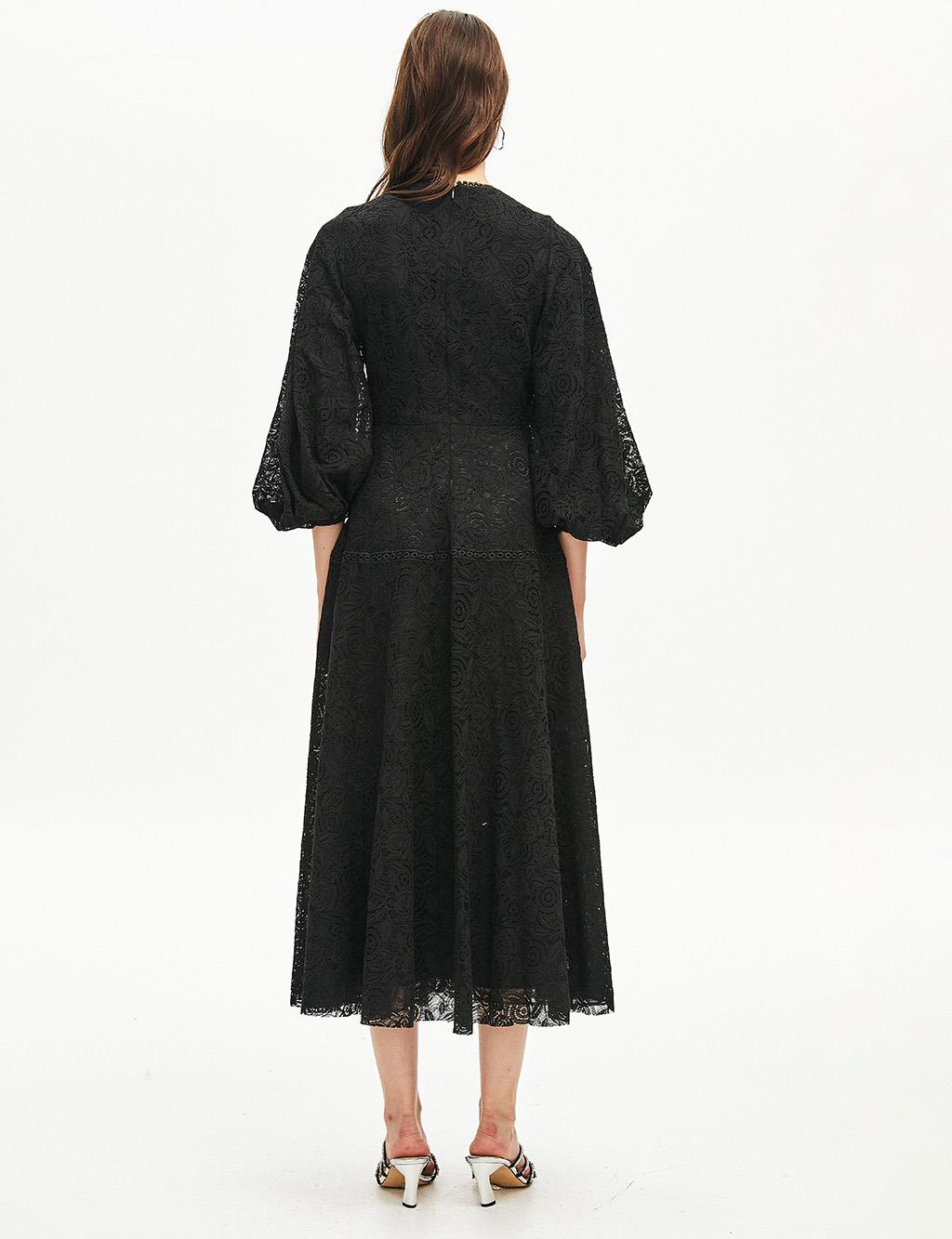Round Neck Collar Full Length Lace Dress Black