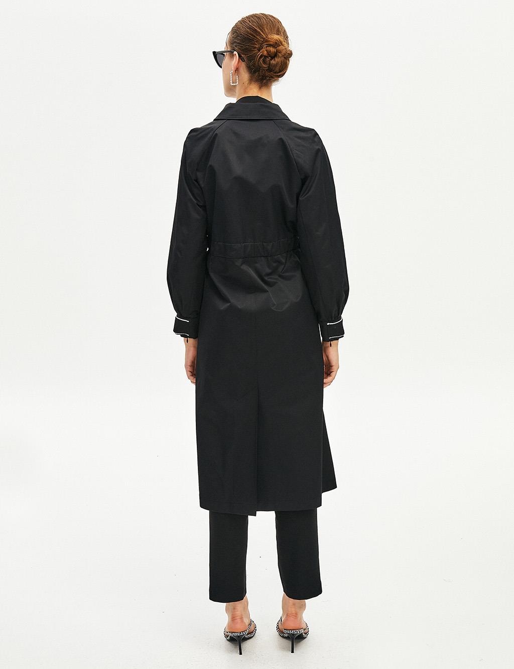 Belted Shirt Collar Trench Coat Black