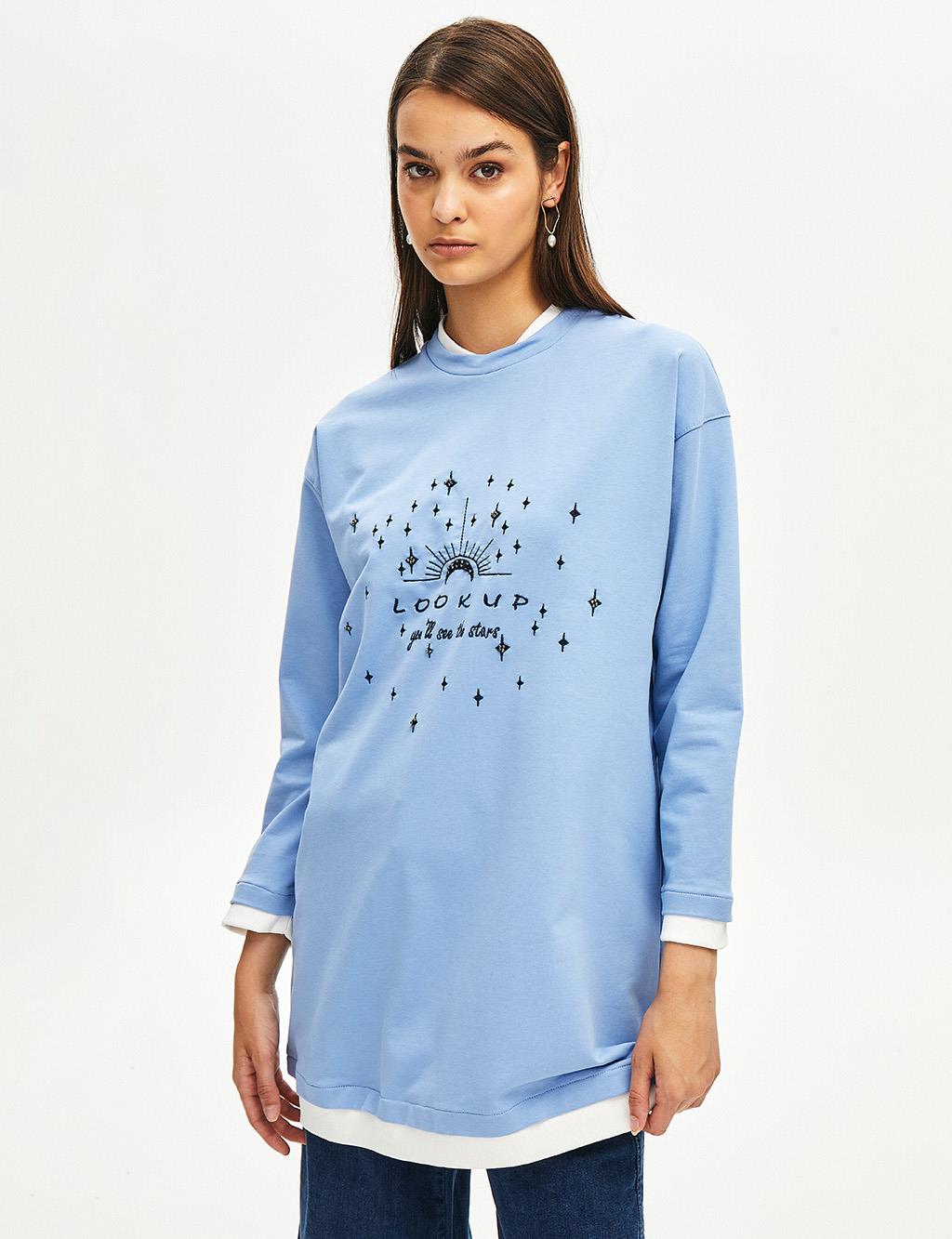 Embroidered Low Sleeve Sweatshirt Blue - Kayra.com
