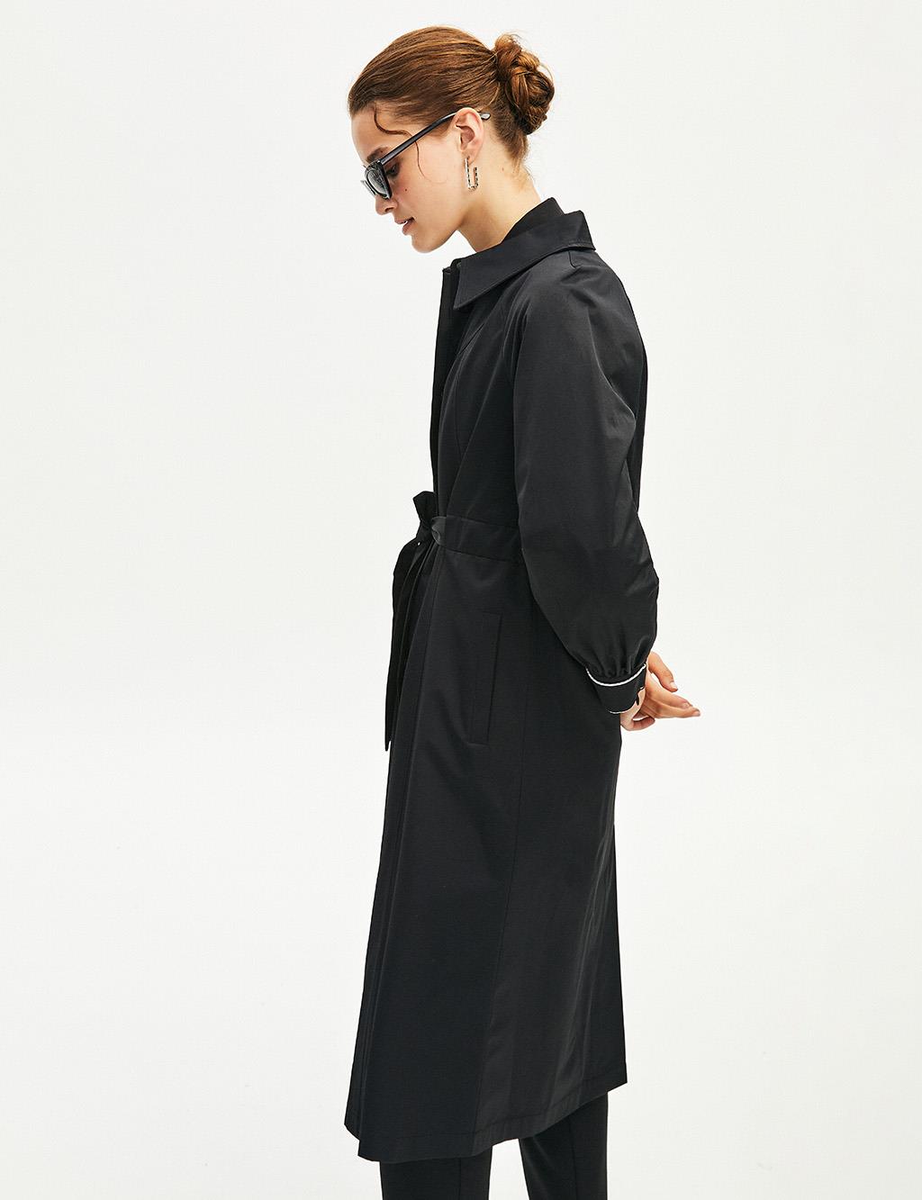 Belted Shirt Collar Trench Coat Black