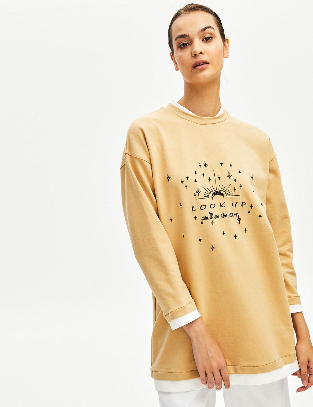 Embroidered Low Sleeve Sweatshirt Beige