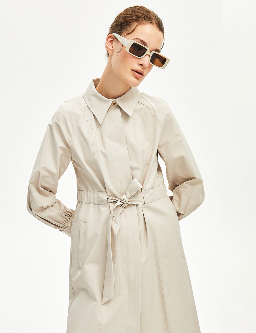 Belted Shirt Collar Trench Coat Cream