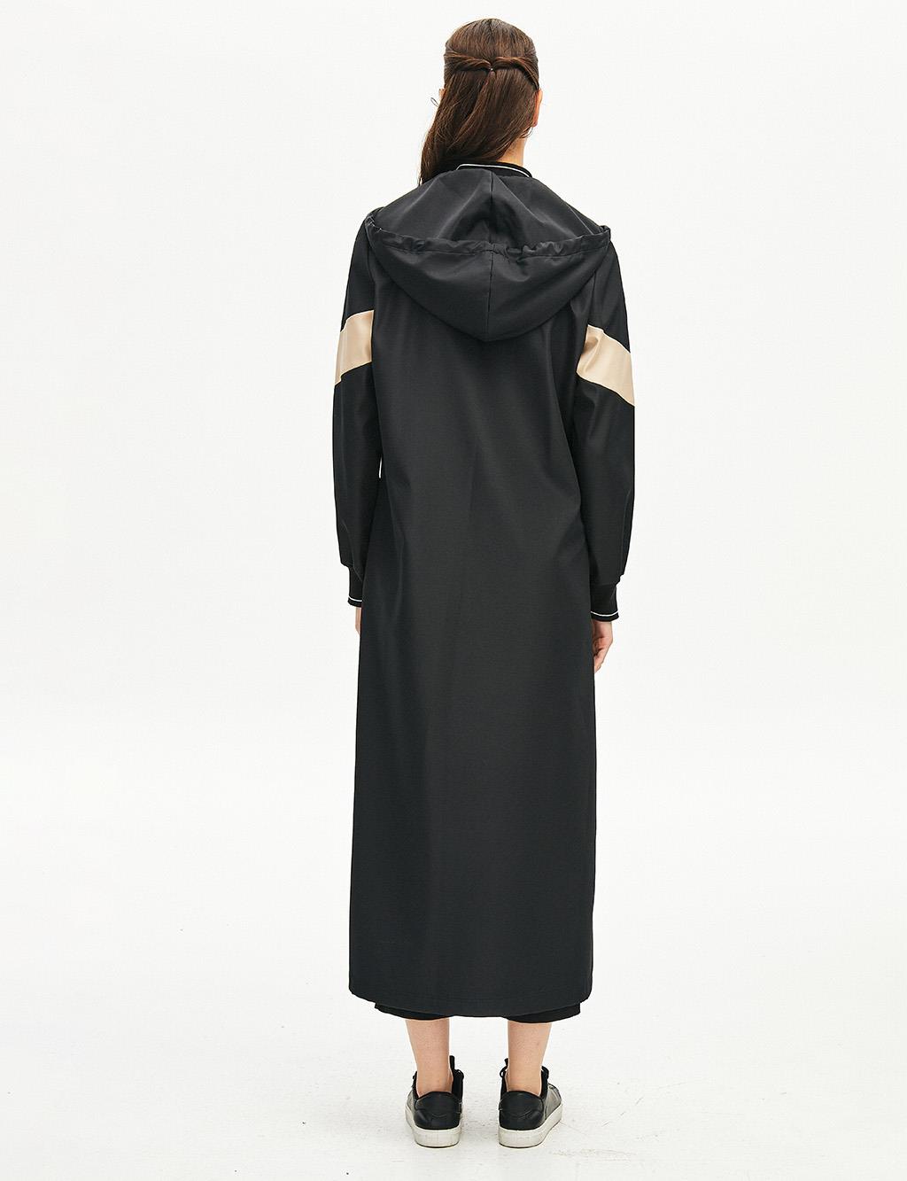 Ribbed Hooded Trench Coat Black