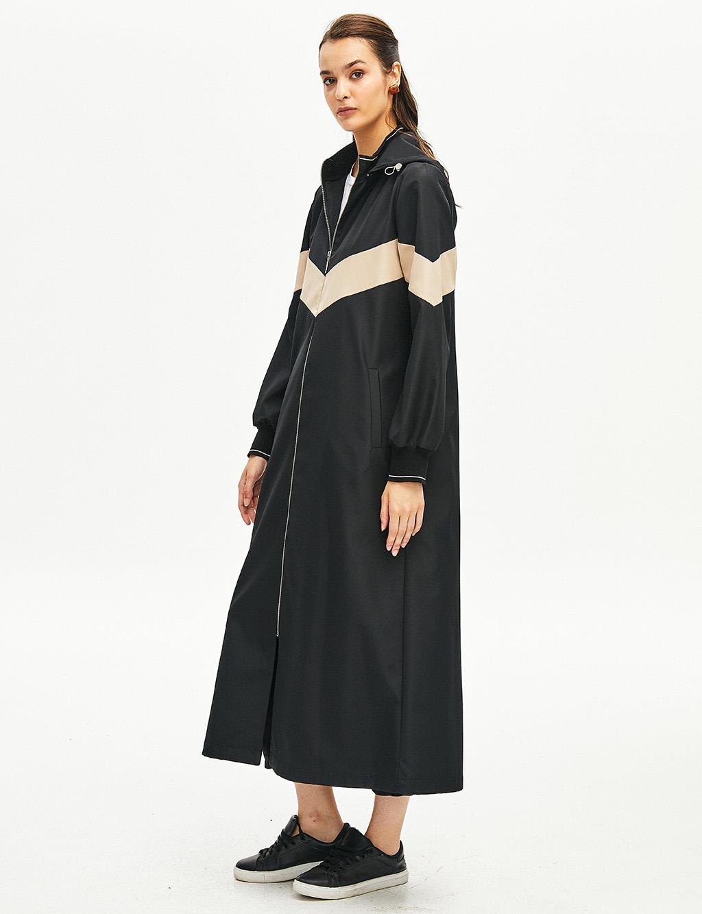 Ribbed Hooded Trench Coat Black