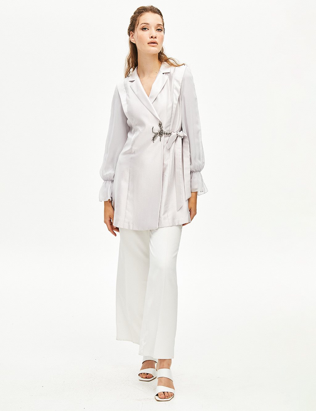 Pleated Double Breasted Collar Jacket Light Lilac