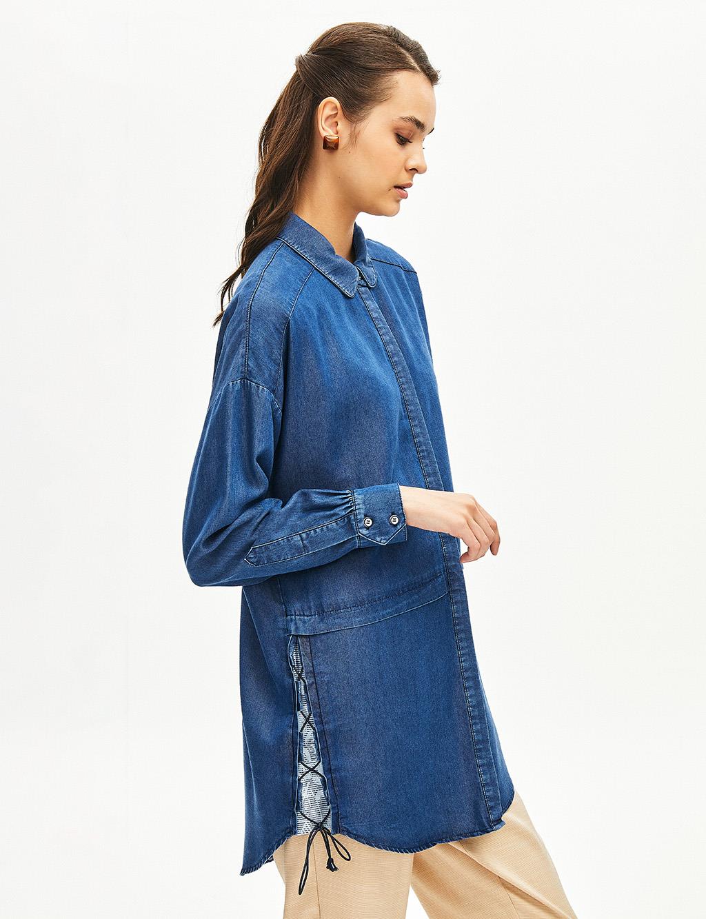 Lace Detailed Baby Collar Denim Tunic Blue