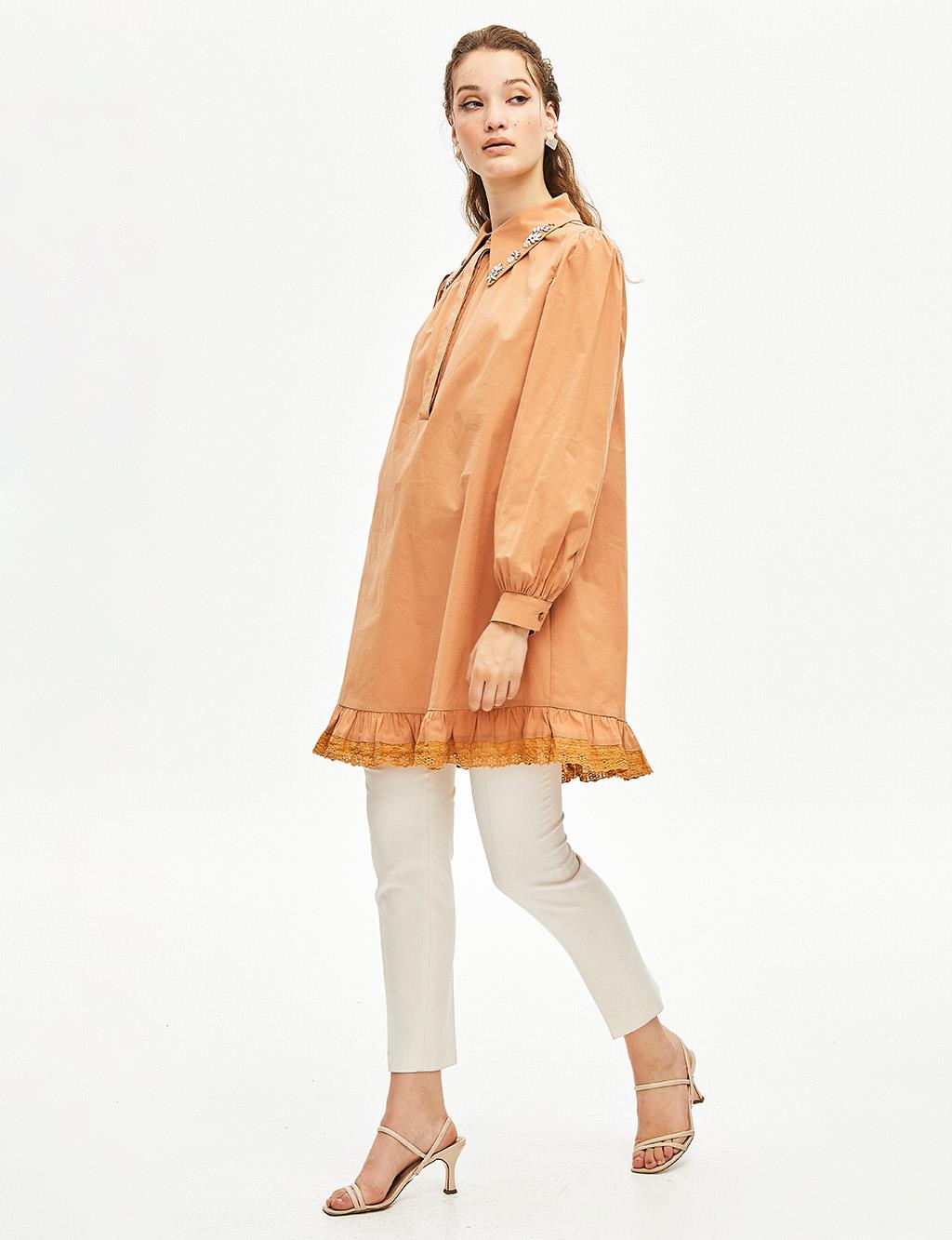 Bead Embroidered Flared Poplin Tunic Camel