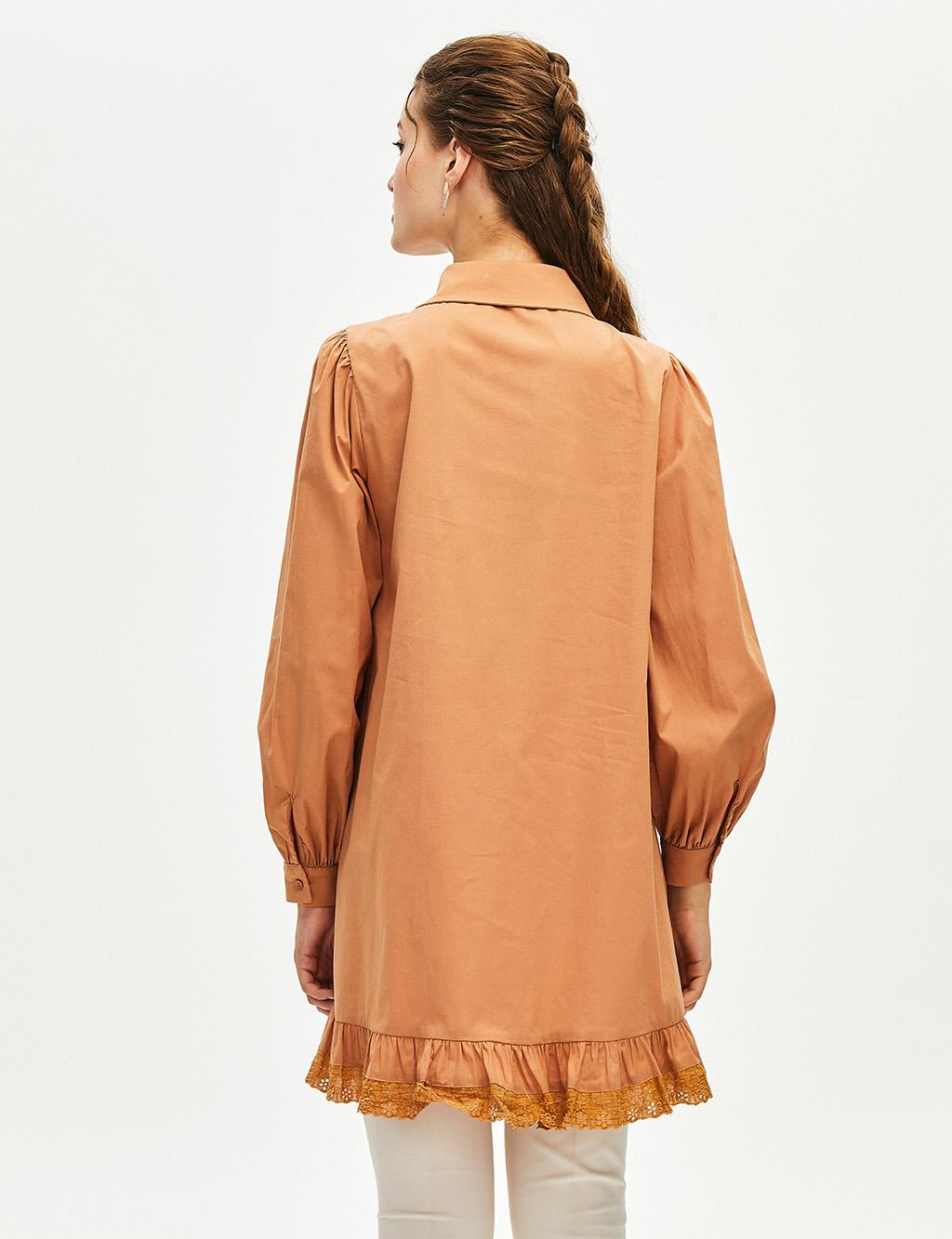 Bead Embroidered Flared Poplin Tunic Camel