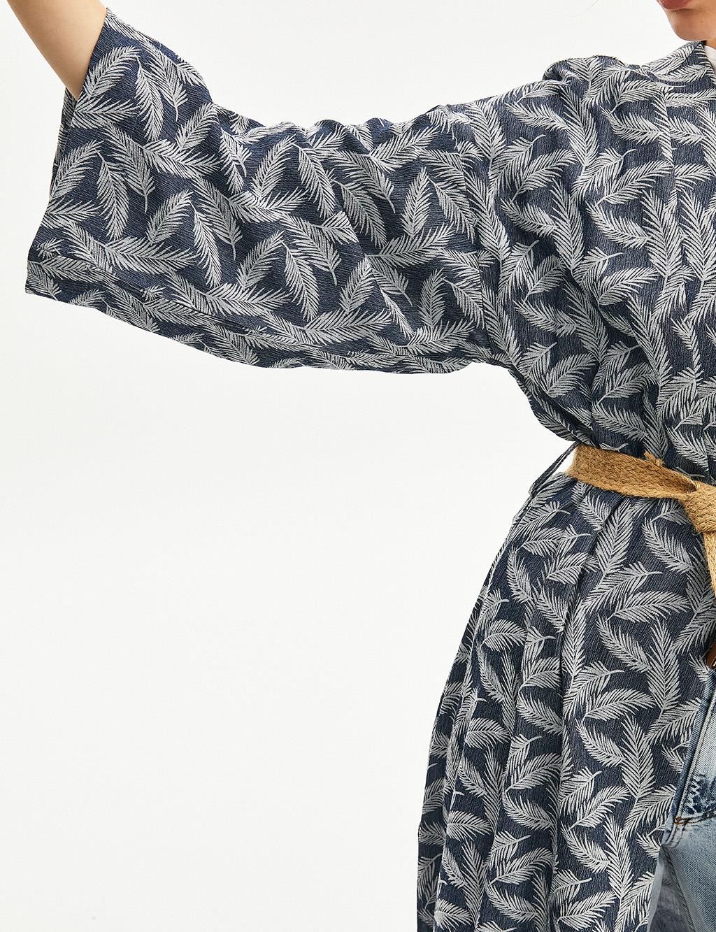 Floral Patterned V-Neck Belted Jacket Blue-Grey