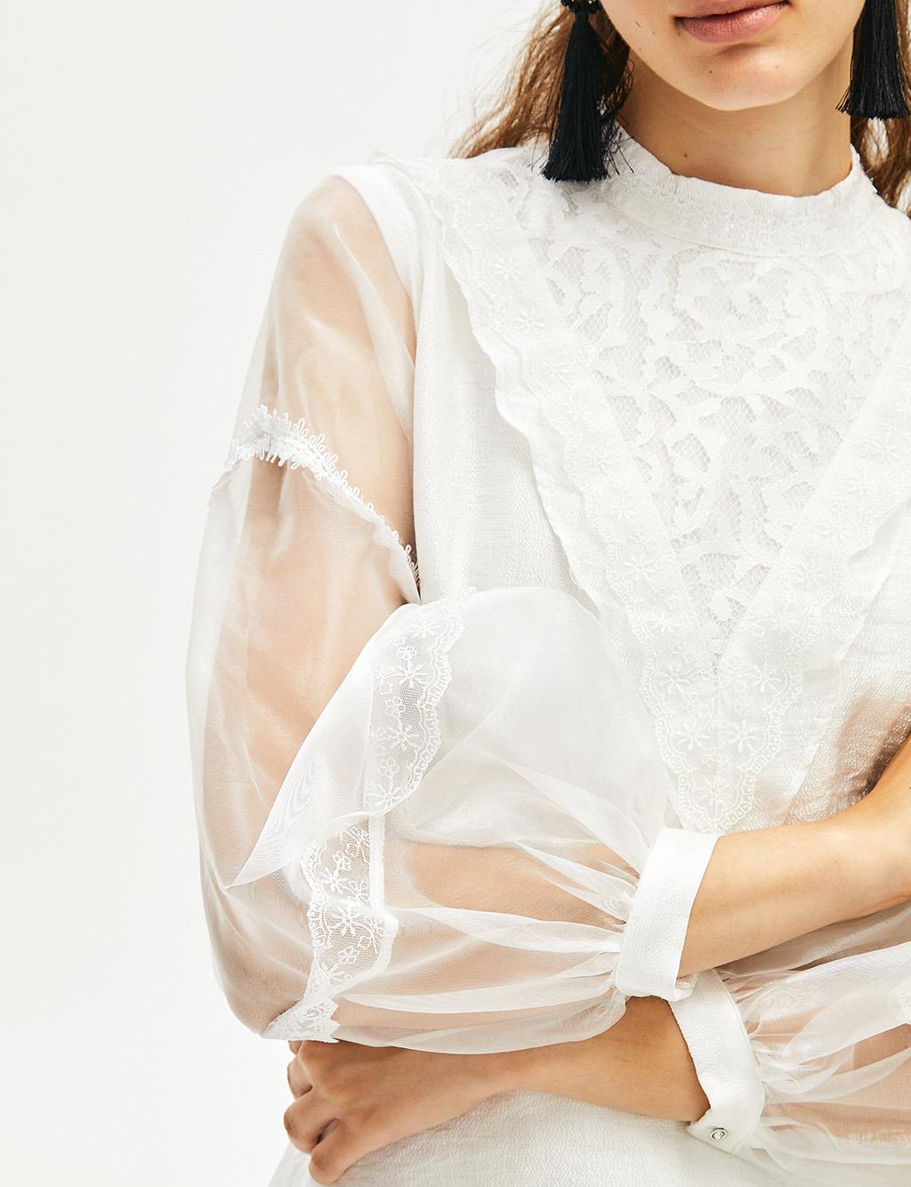 Lace Sleeves Tulle Blouse White