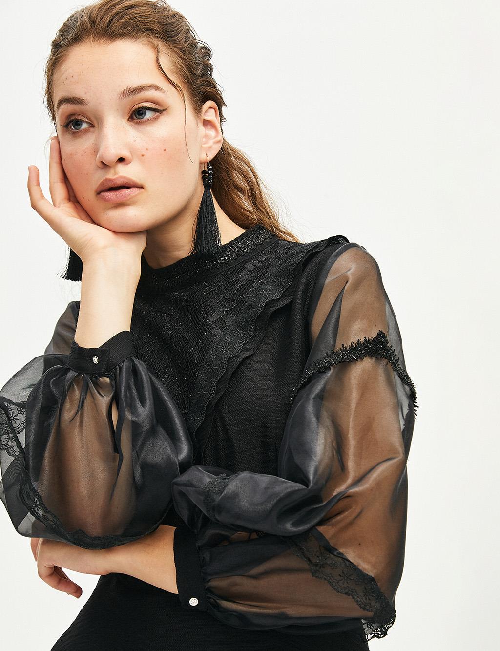 Lace Sleeves Tulle Blouse Black