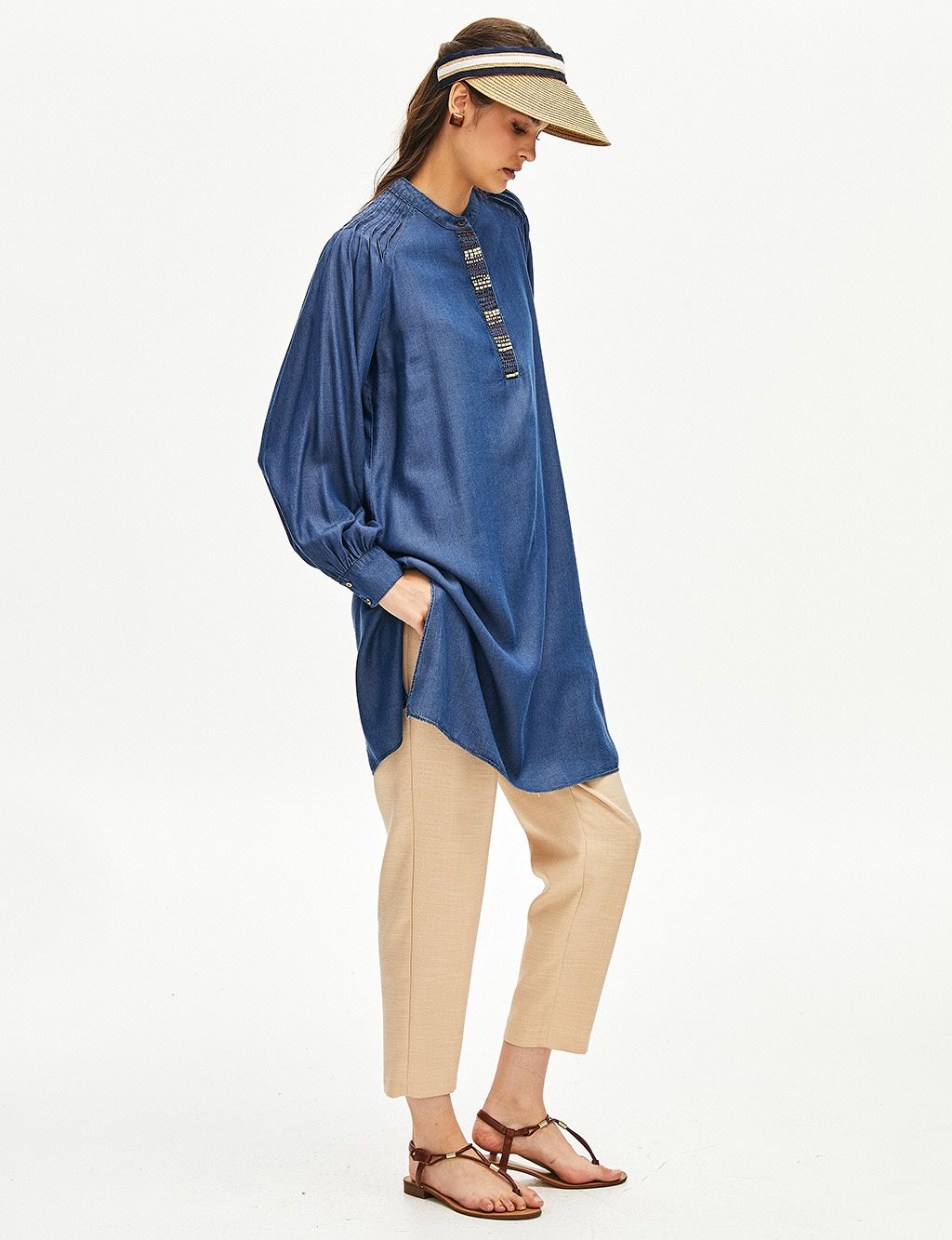 Bead Embroidered Tencel Tunic Navy