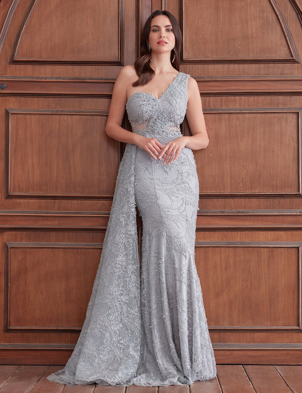 TIARA One Shoulder Dress With Cape Grey