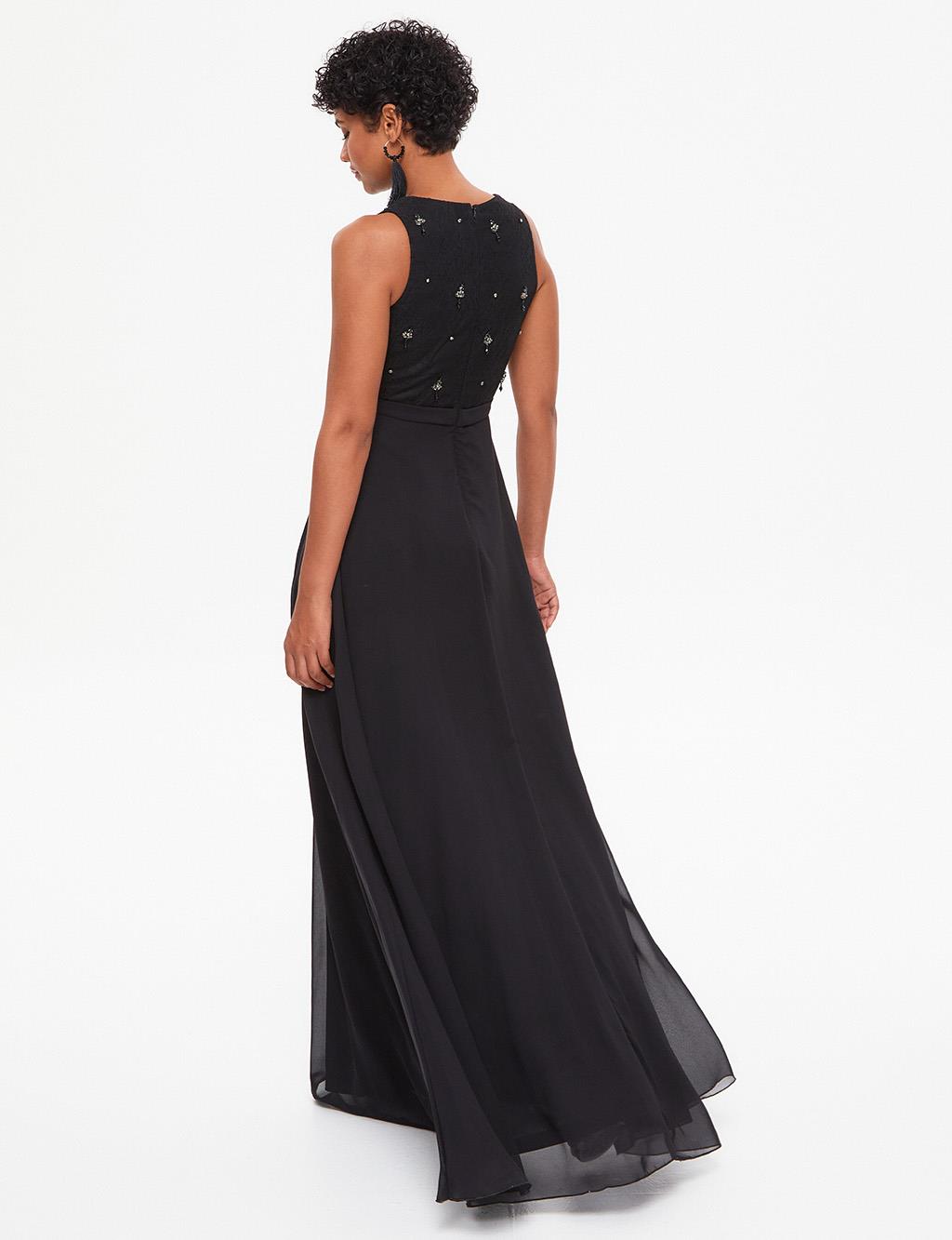 TIARA Illusion Collar Evening Dress Black