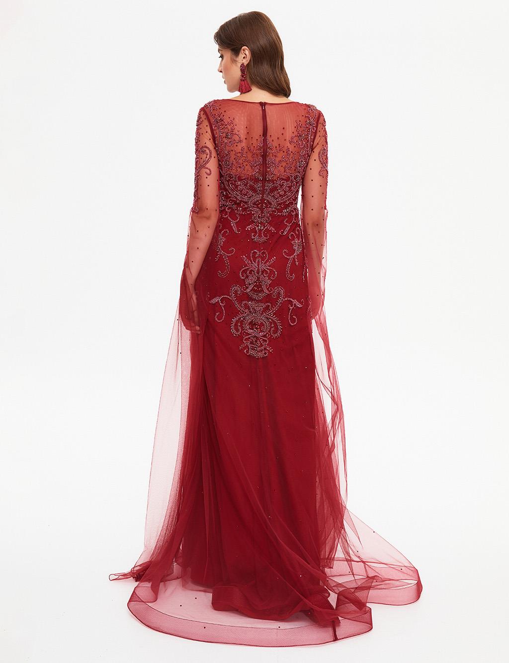 TIARA Tulle Covered Embroidered Evening Dress Burgundy