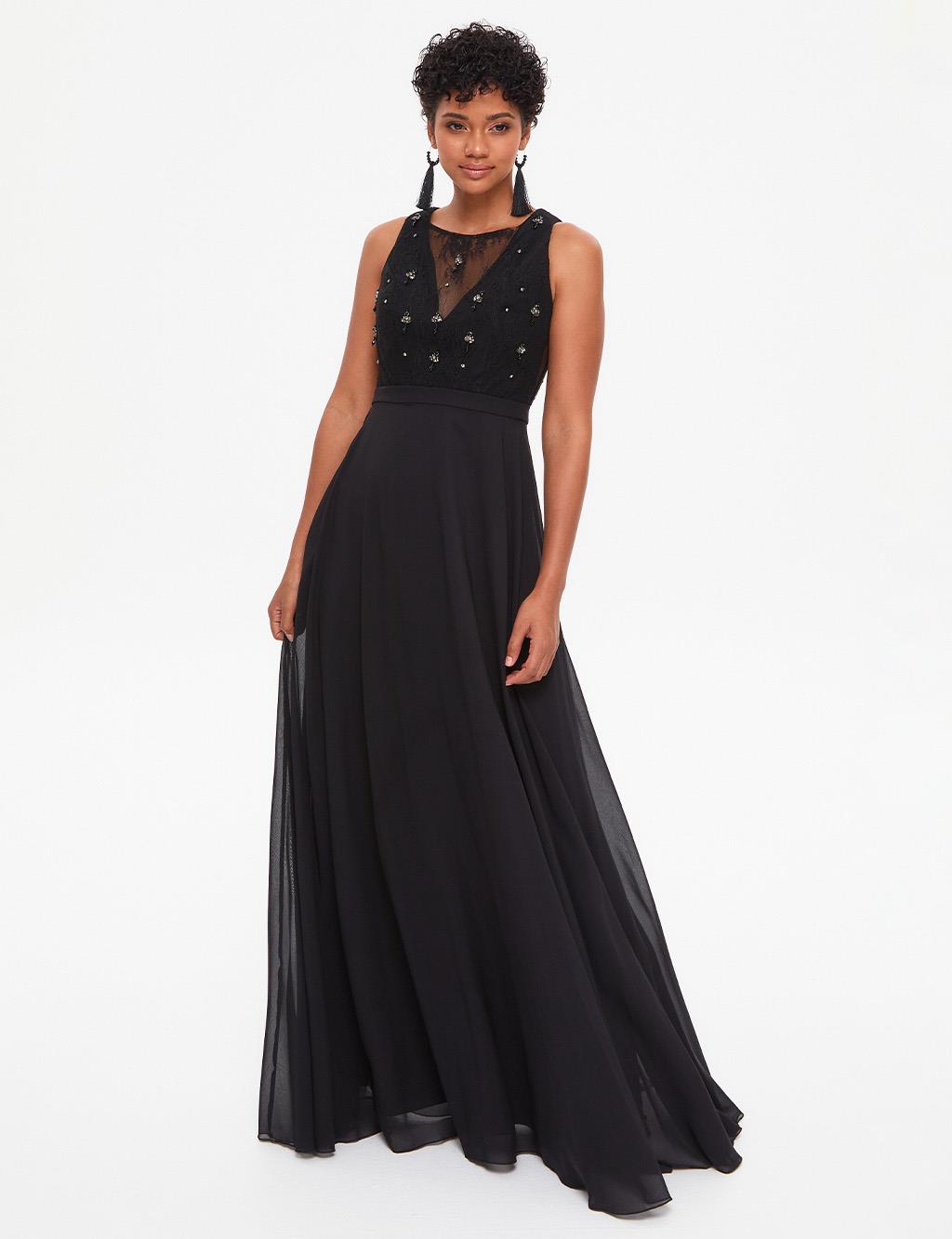 TIARA Illusion Collar Evening Dress Black