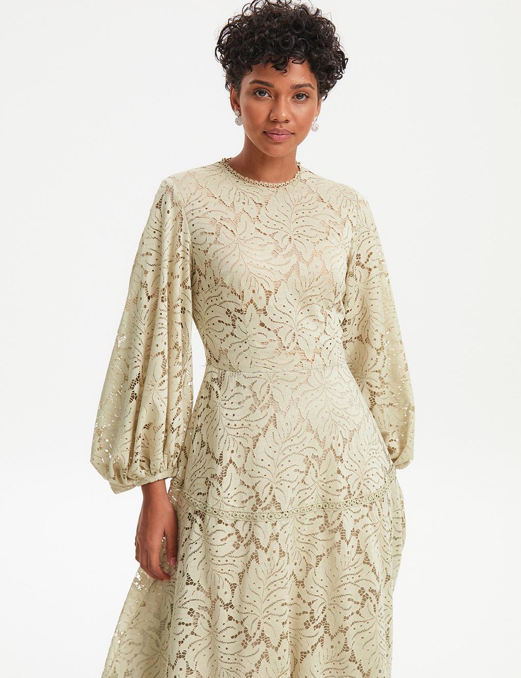 Round Neck Collar Full Length Lace Dress Misty Green