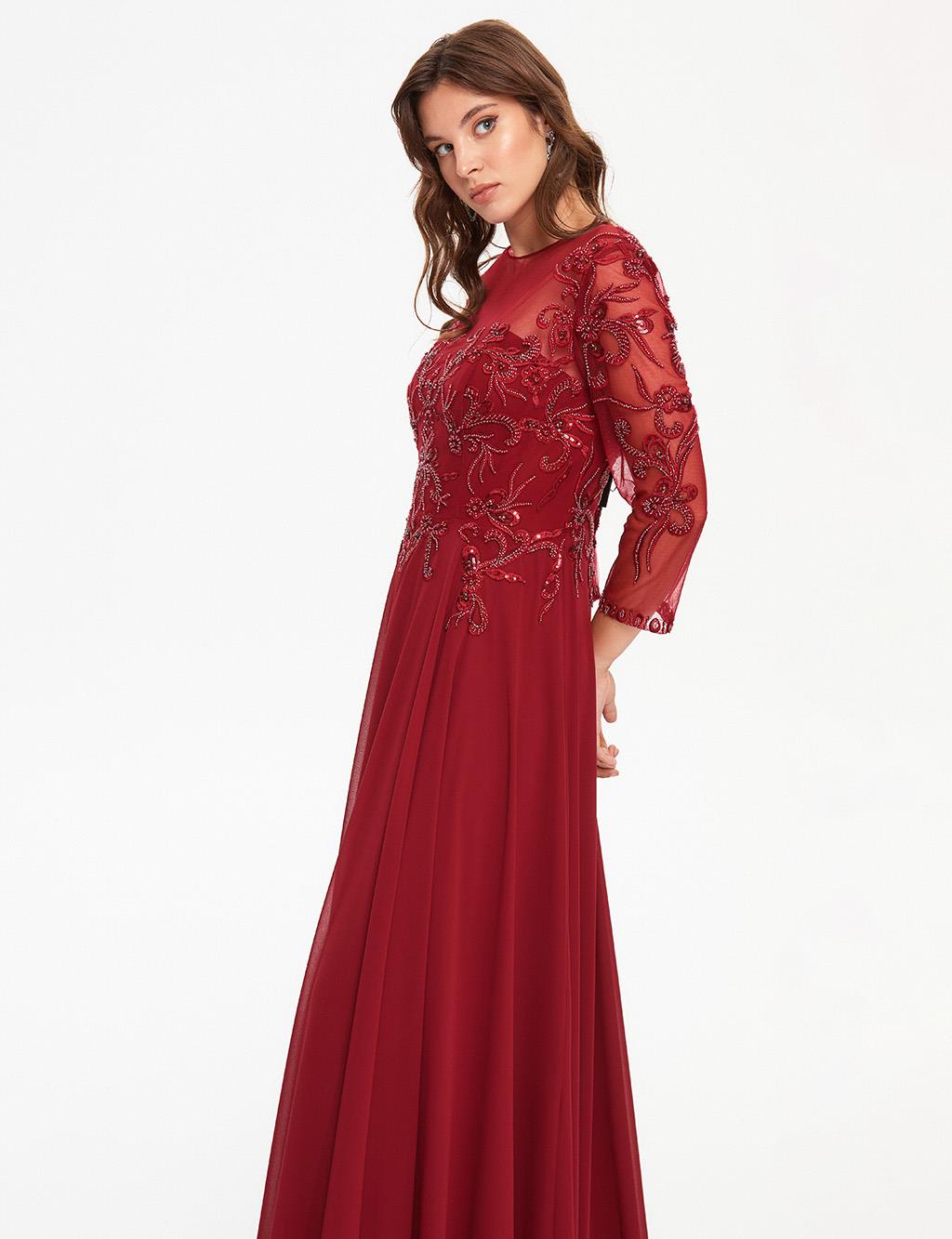 TIARA Embroidered Evening Dress Burgundy