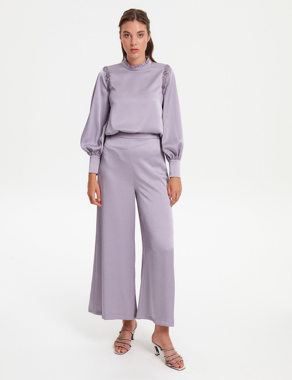 Embroidered Balloon Sleeve Wide Leg Binary Suit Lilac