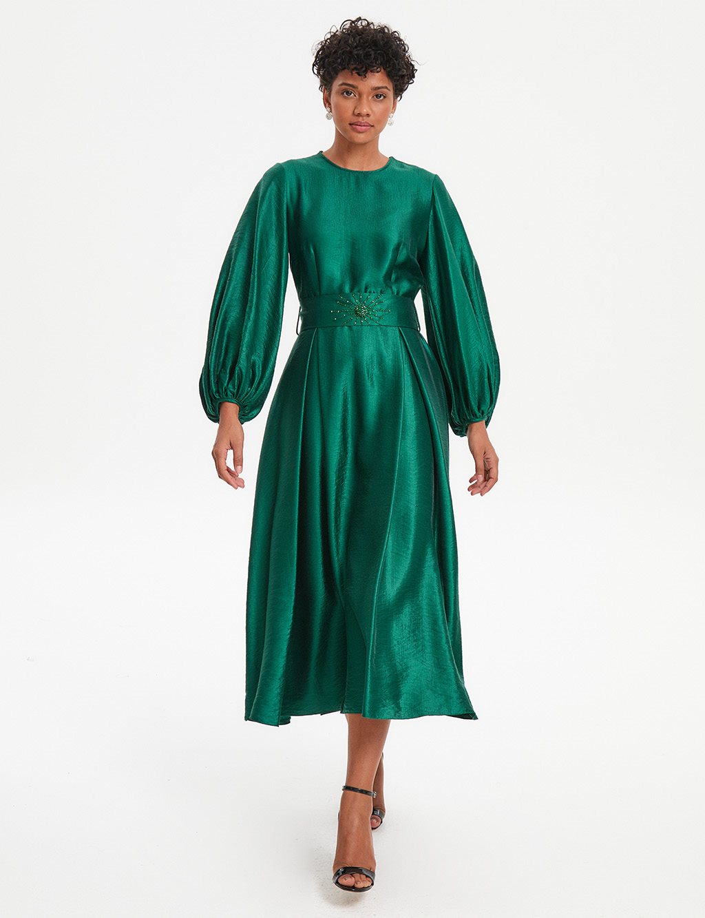 Wide Pleated Balloon Sleeve Dress Emerald