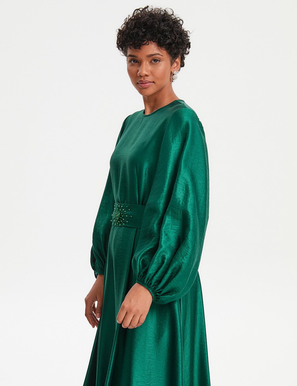 Wide Pleated Balloon Sleeve Dress Emerald