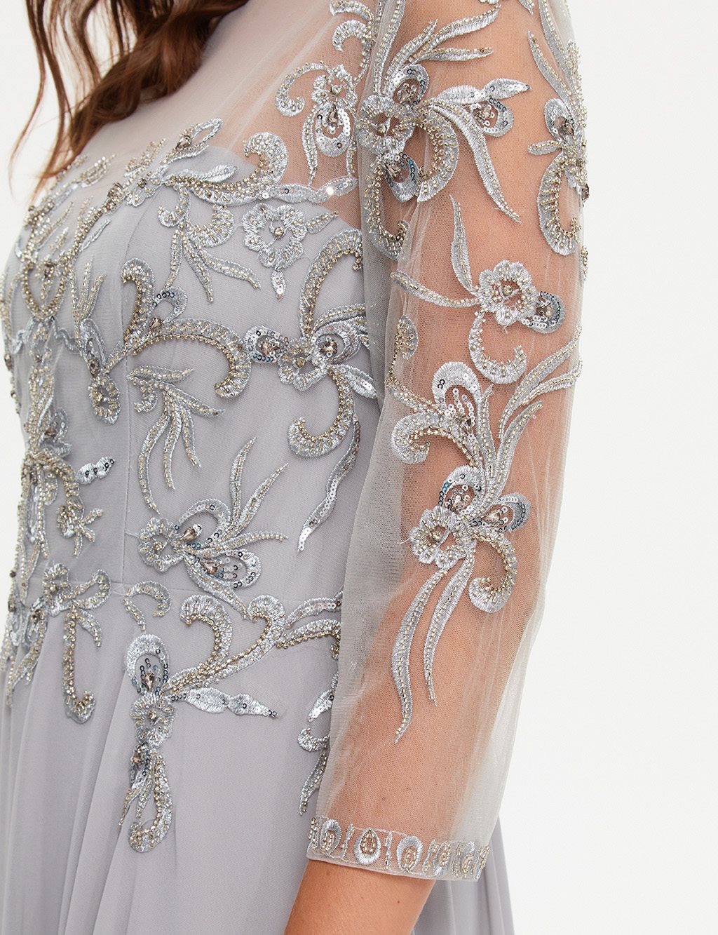 TIARA Embroidered Illusion Collar Evening Dress Grey
