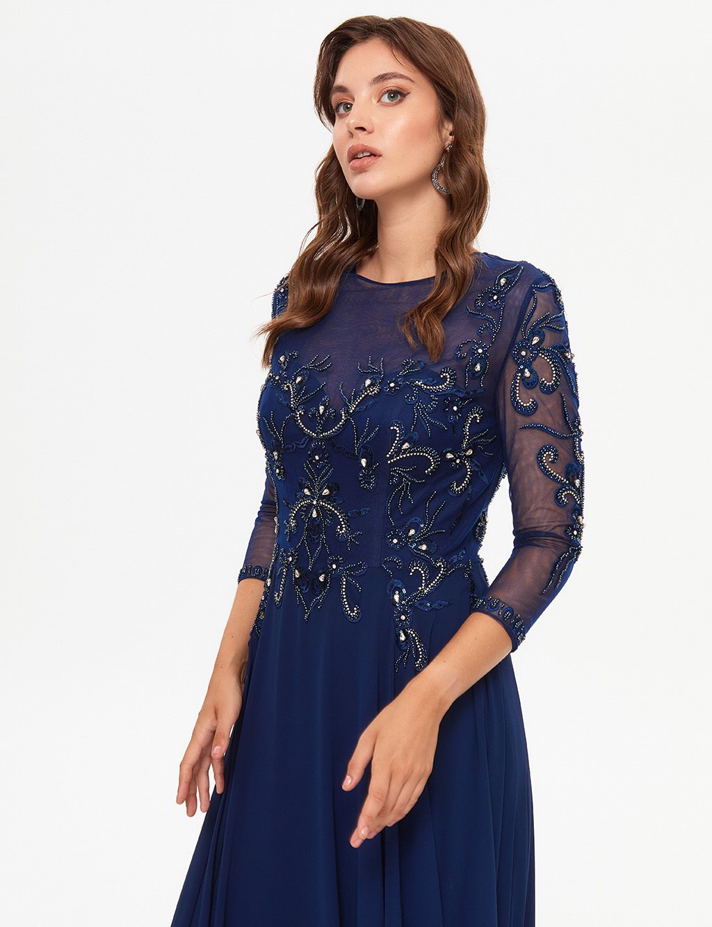 TIARA Embroidered Illusion Collar Evening Dress Navy