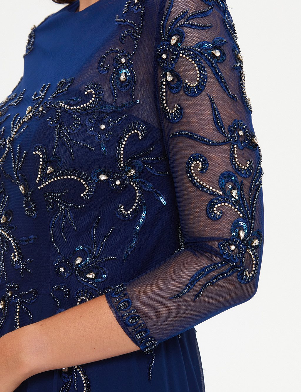 TIARA Embroidered Illusion Collar Evening Dress Navy