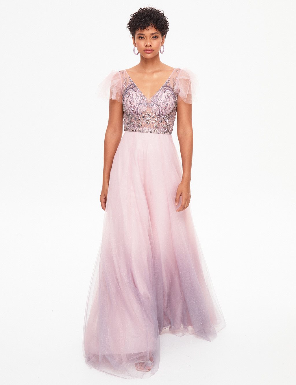 Stone Embroidered Tulle Skirt Evening Dress Blush