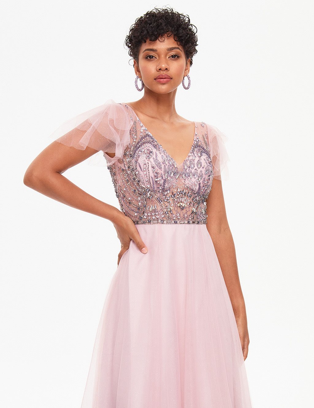 Stone Embroidered Tulle Skirt Evening Dress Blush