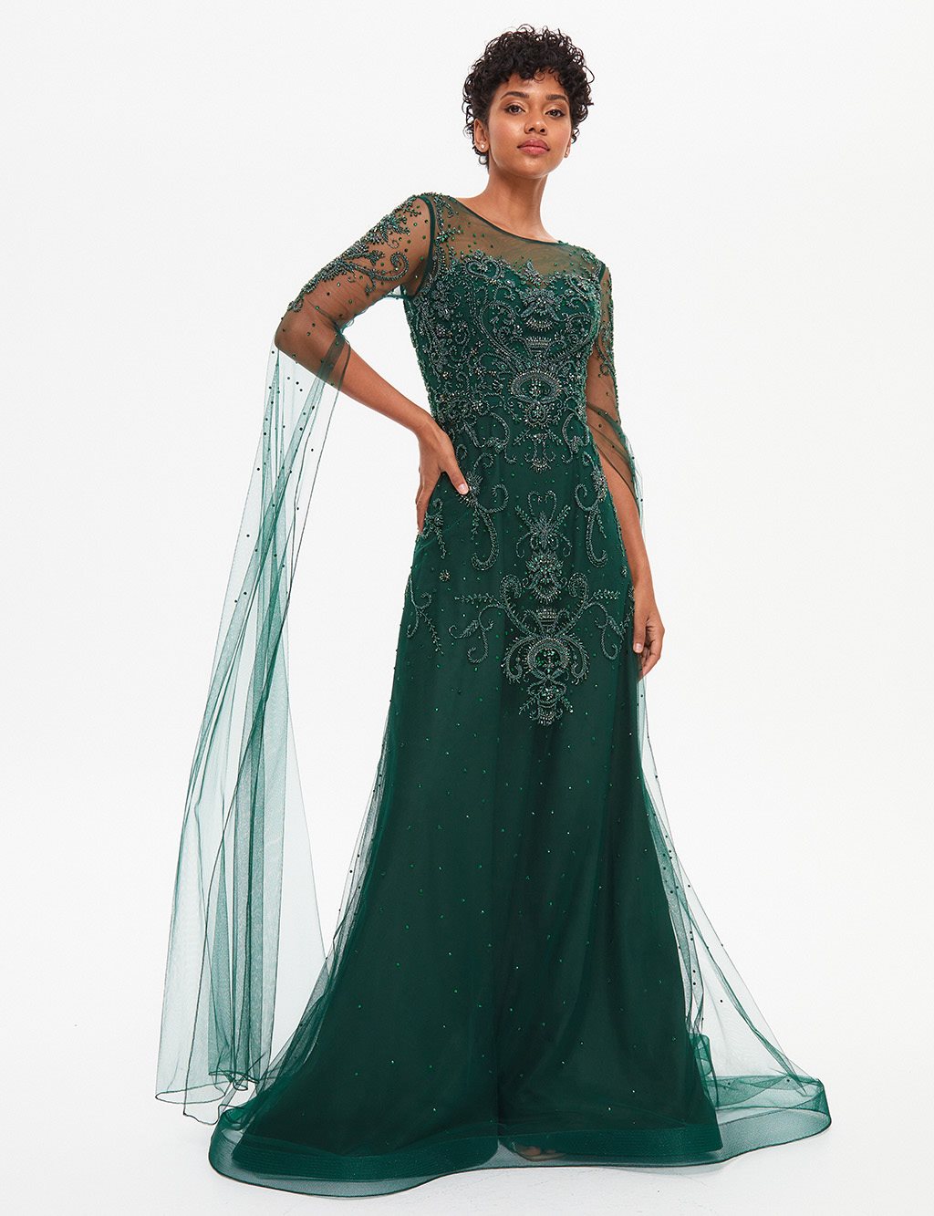TIARA Tulle Covered Embroidered Evening Dress Emerald
