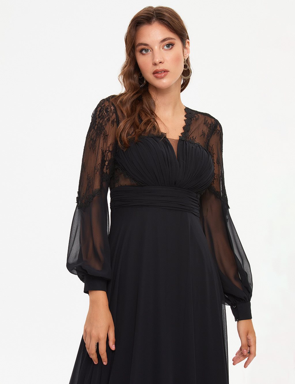TIARA Illusion Collar Pleated Evening Dress Black