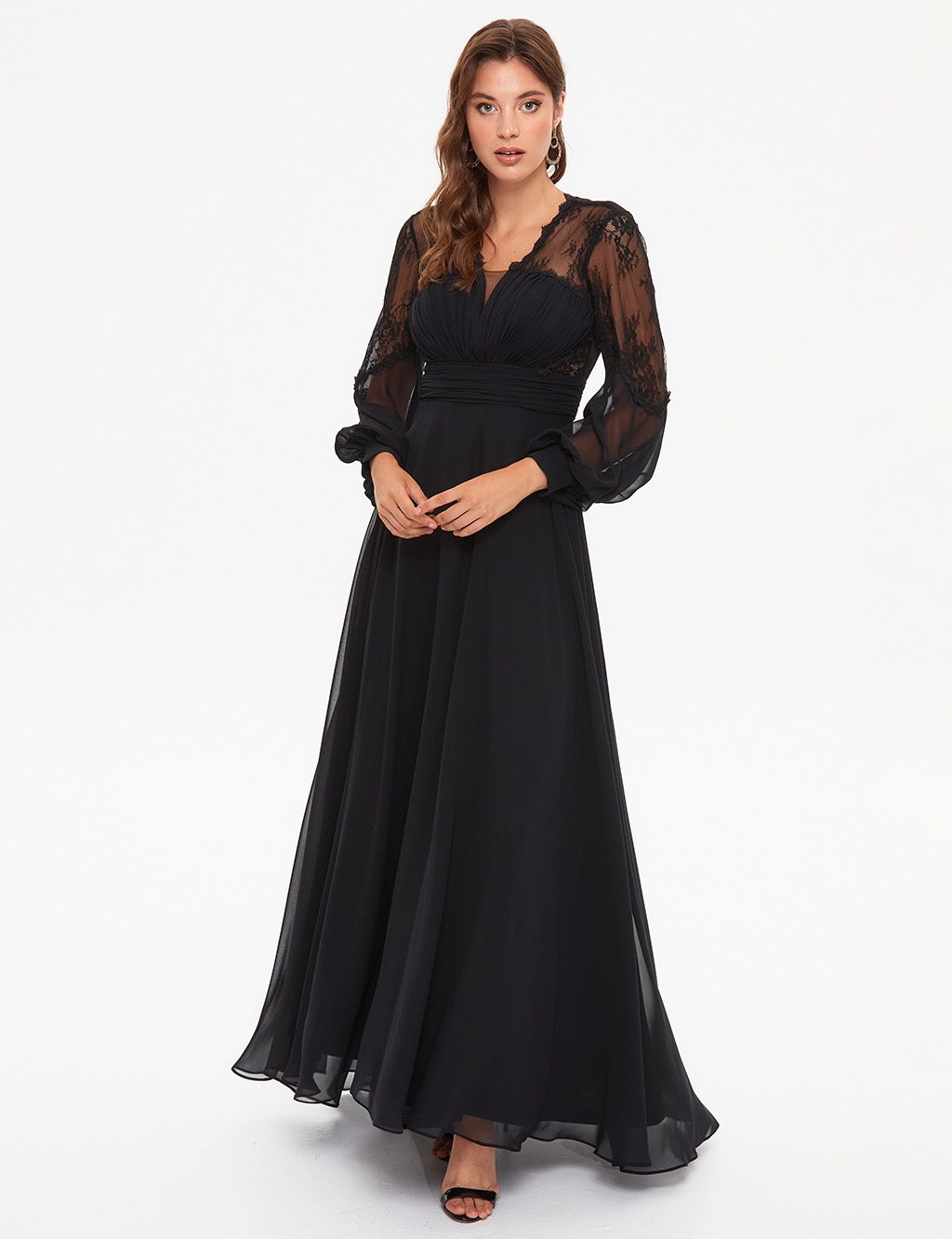 TIARA Illusion Collar Pleated Evening Dress Black