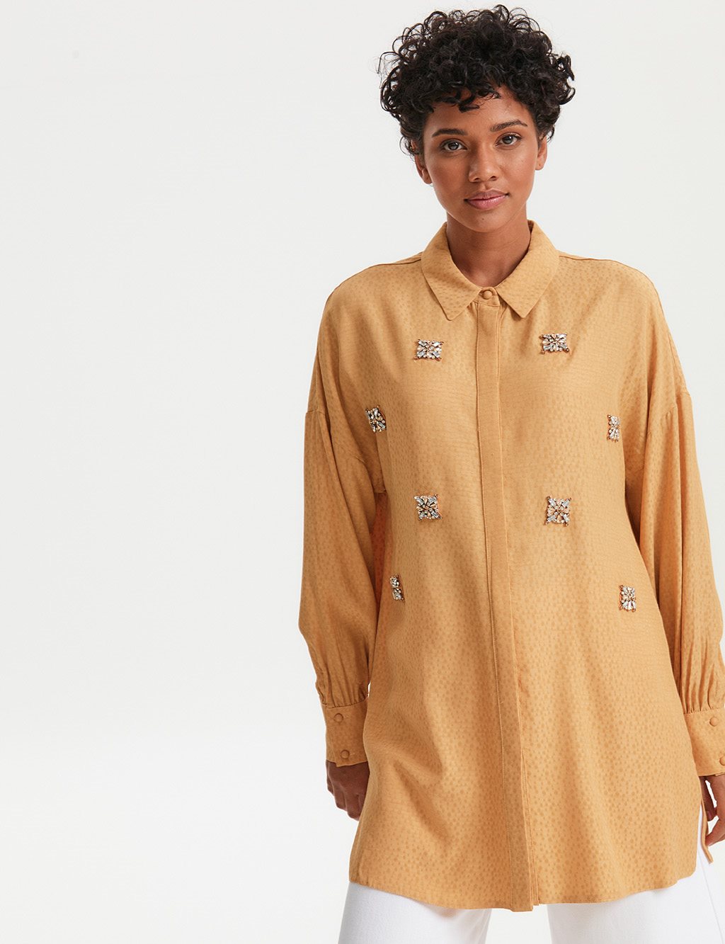 Stone Embroidered Jacquard Shirt Yellow
