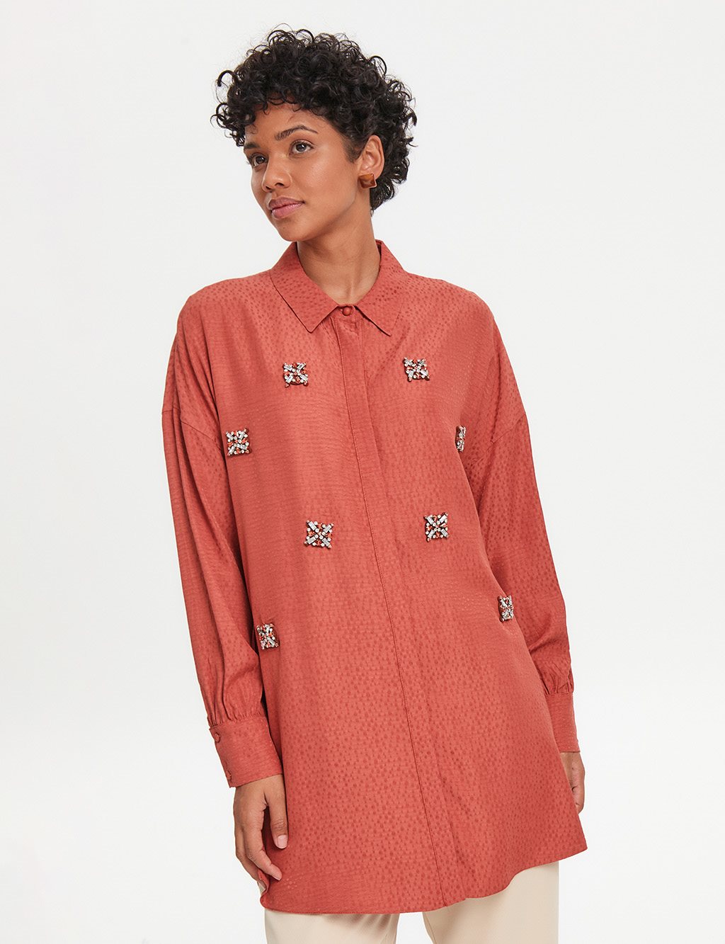 Stone Embroidered Jacquard Shirt Cinnamon