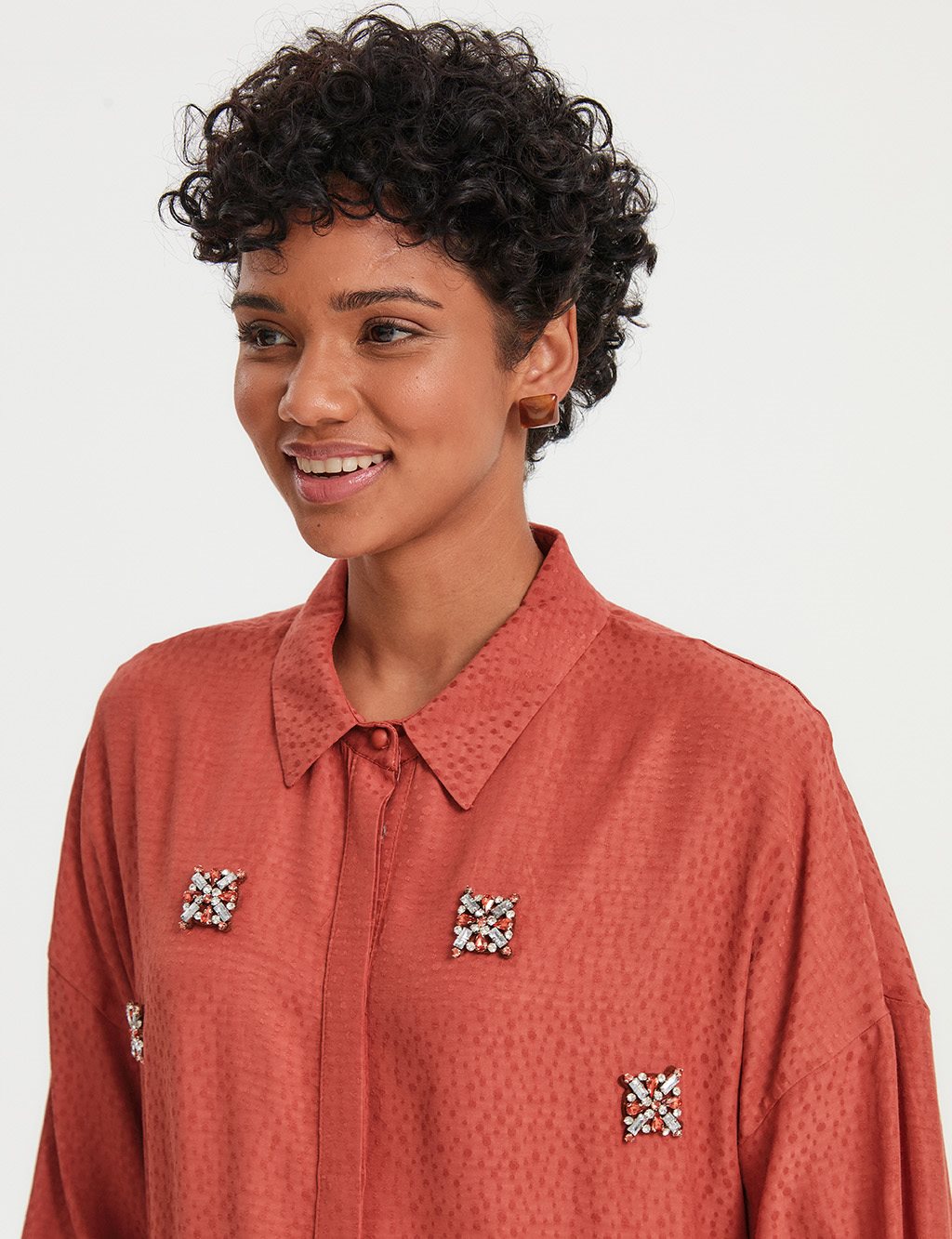 Stone Embroidered Jacquard Shirt Cinnamon