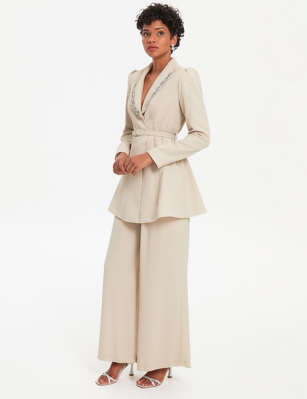 Stone Embroidered Double Breasted Suit Cream