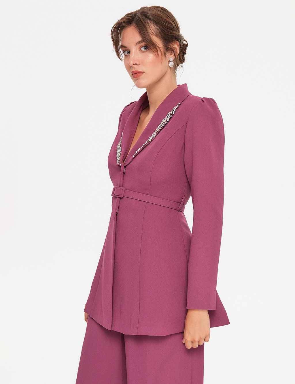 Stone Embroidered Double Breasted Suit Purple