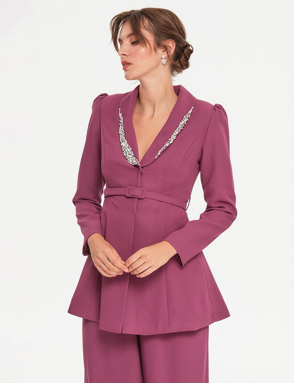 Stone Embroidered Double Breasted Suit Purple